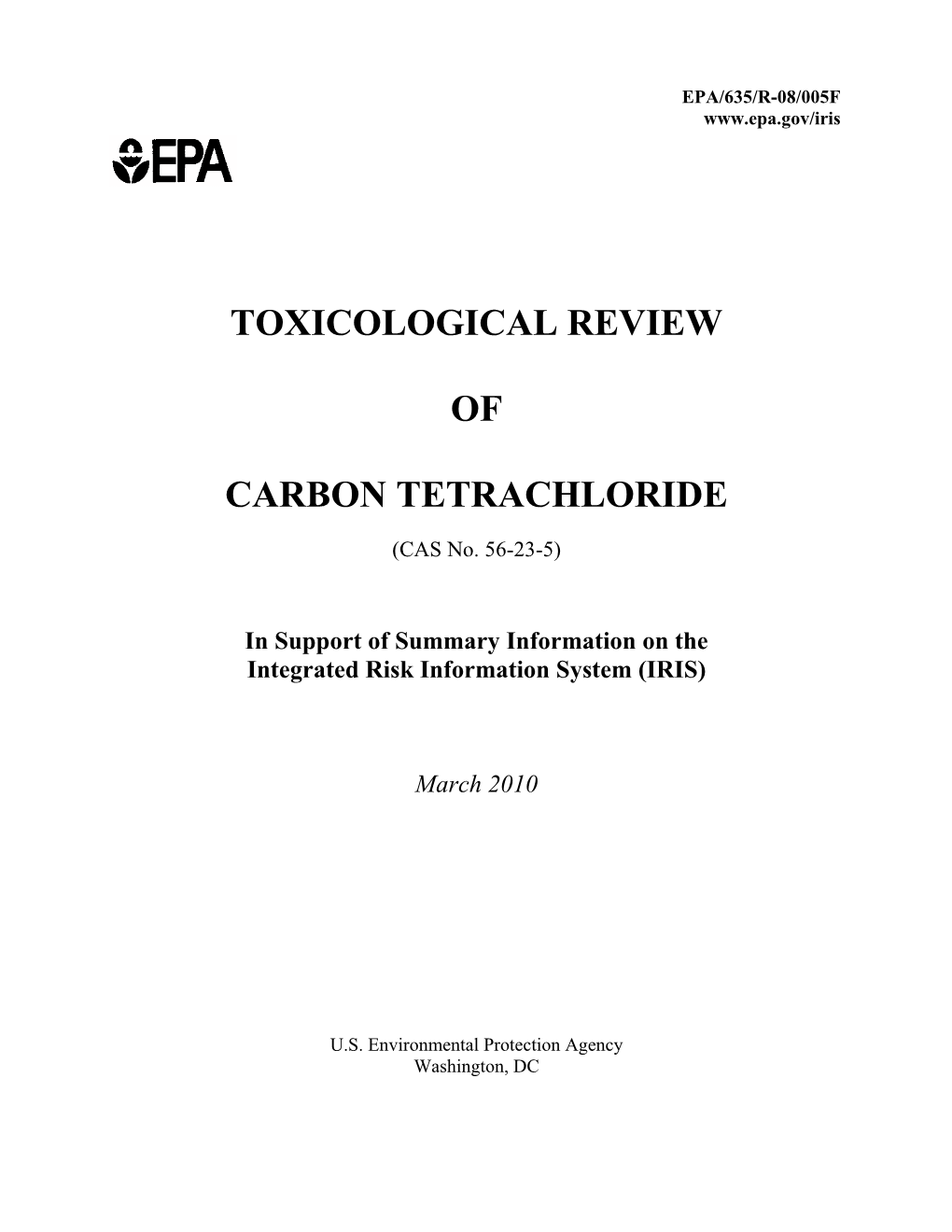 TOXICOLOGICAL REVIEW of CARBON TETRACHLORIDE (CAS No