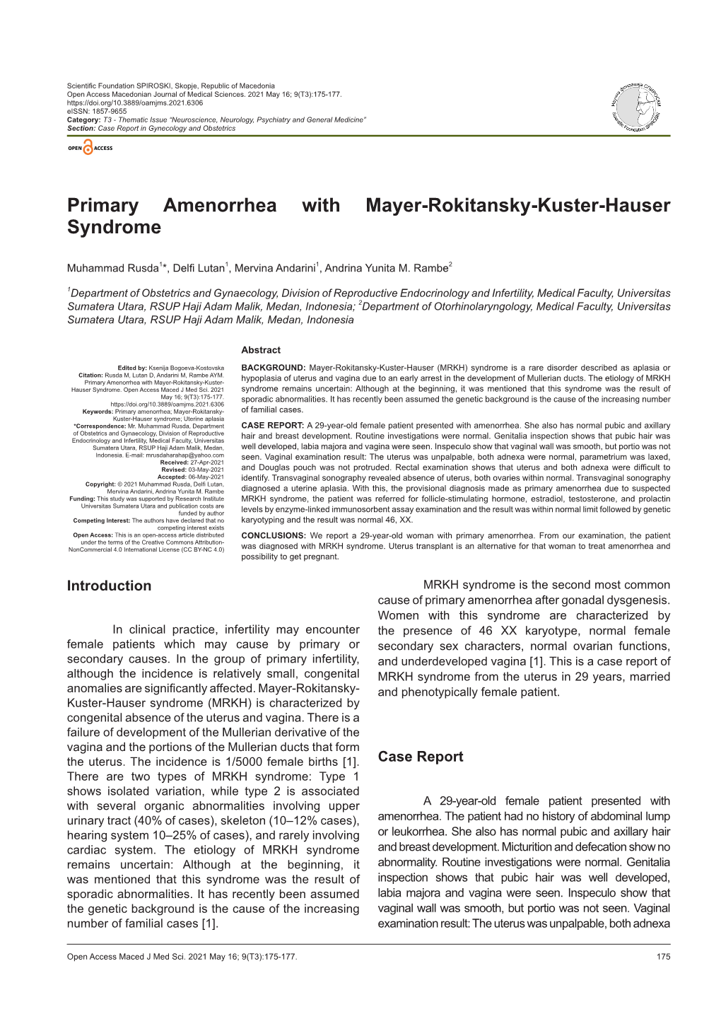 Primary Amenorrhea with Mayer-Rokitansky-Kuster-Hauser Syndrome