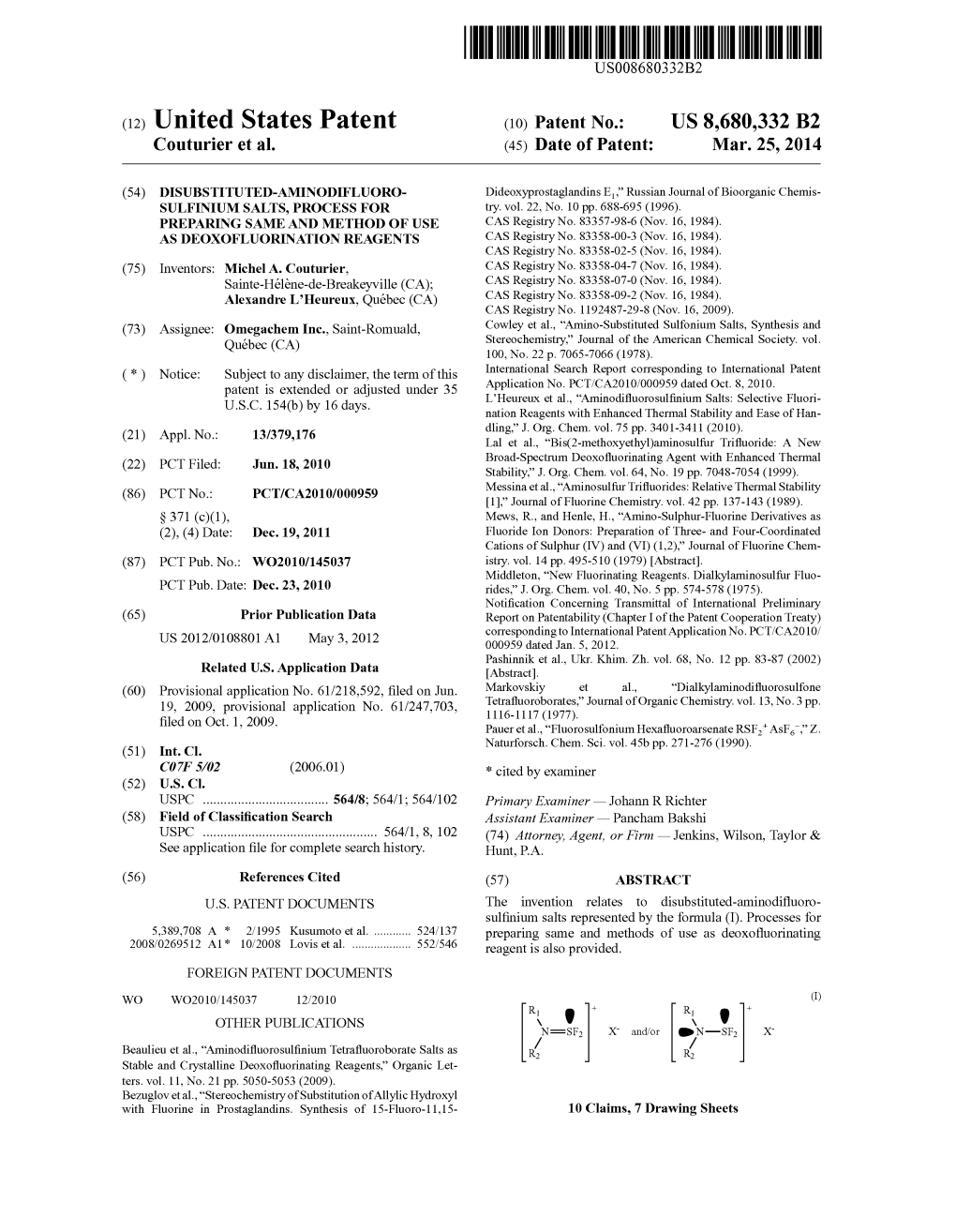 (12) United States Patent (10) Patent No.: US 8,680,332 B2 Couturier Et Al