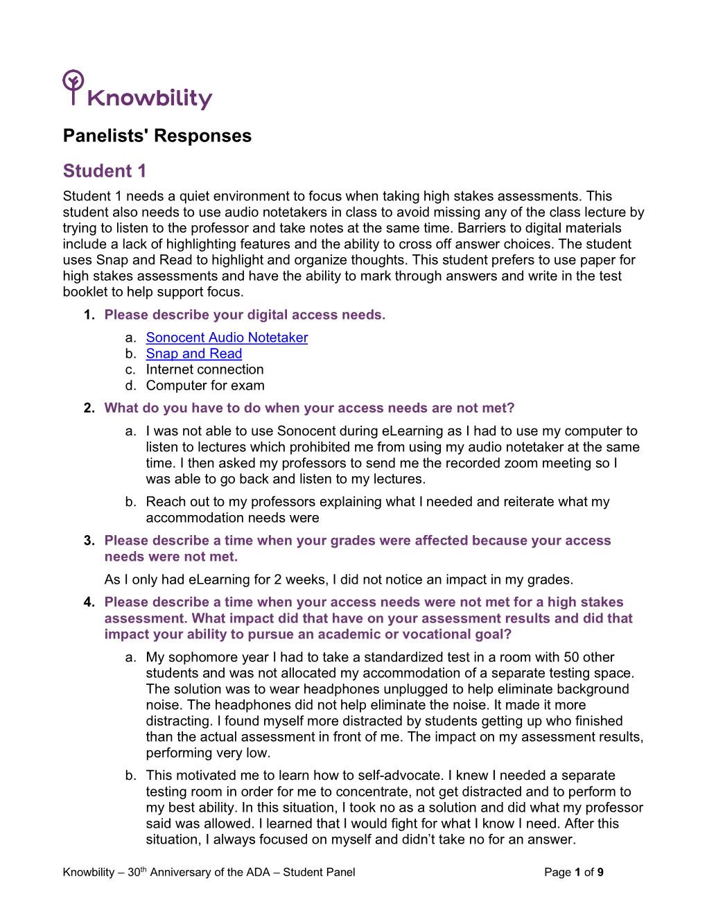 Knowbility 30Th ADA Student Panelist Responses