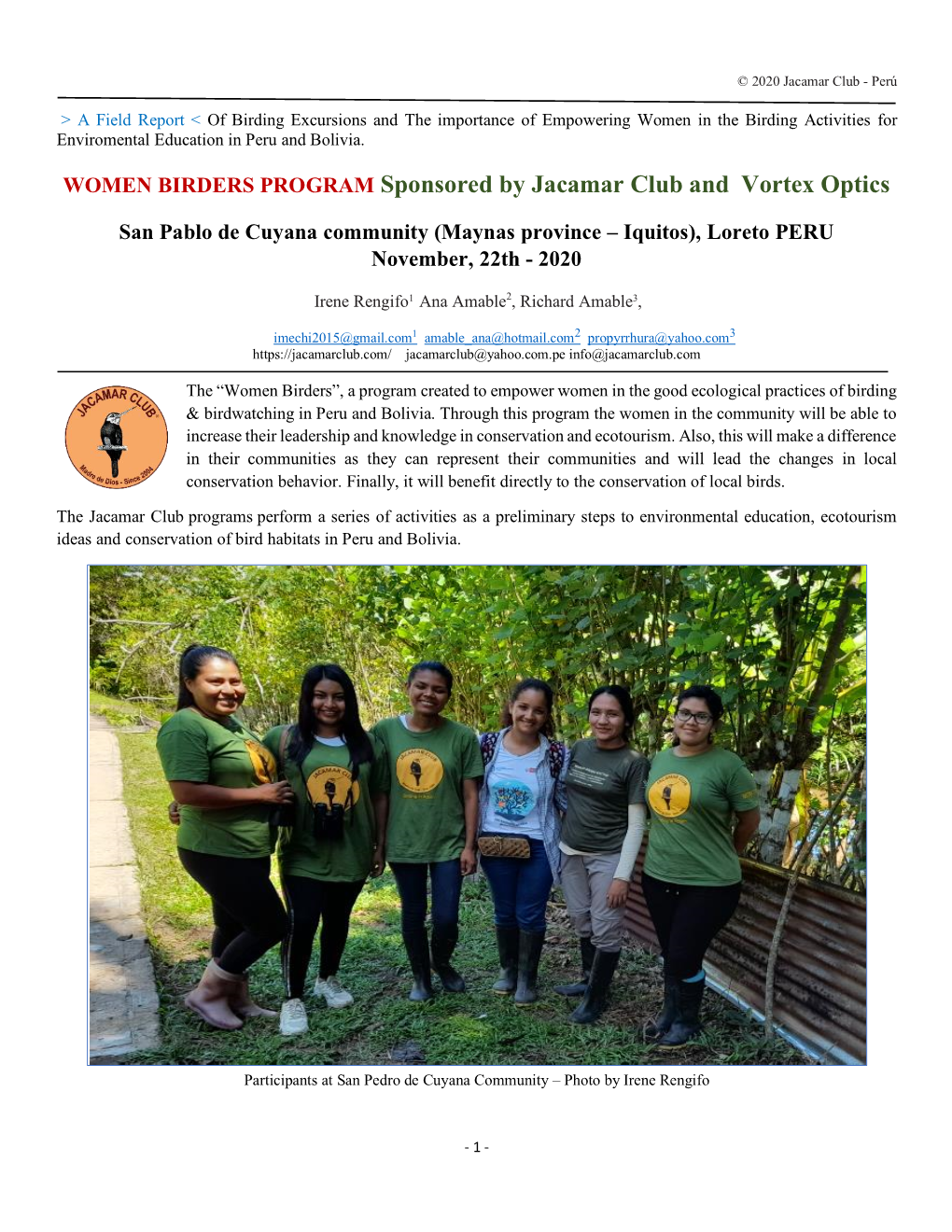 WOMEN BIRDERS PROGRAM Sponsored by Jacamar Club and Vortex Optics