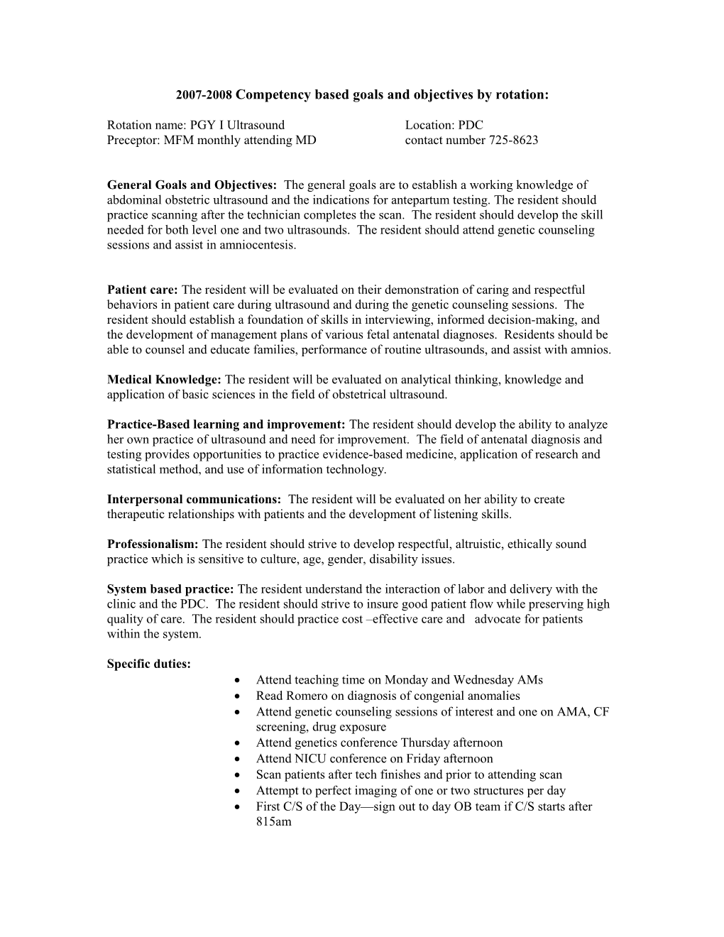 2007-2008 Competency Based Goals and Objectives by Rotation