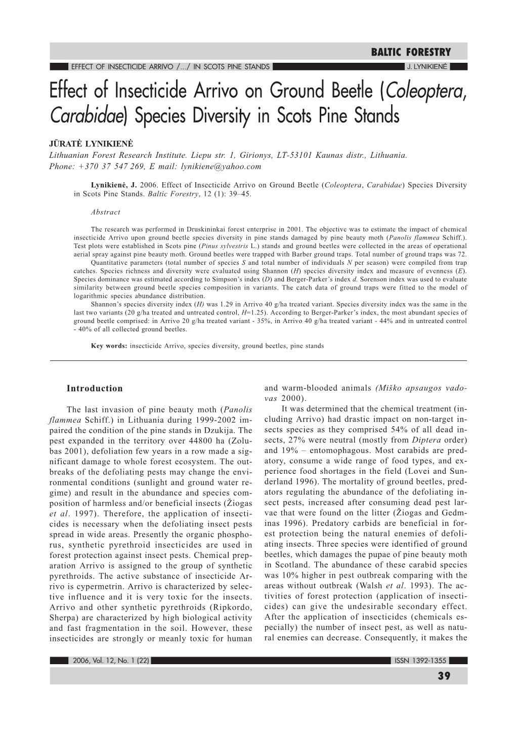 Effect of Insecticide Arrivo on Ground Beetle (Coleoptera, Carabidae) Species Diversity in Scots Pine Stands