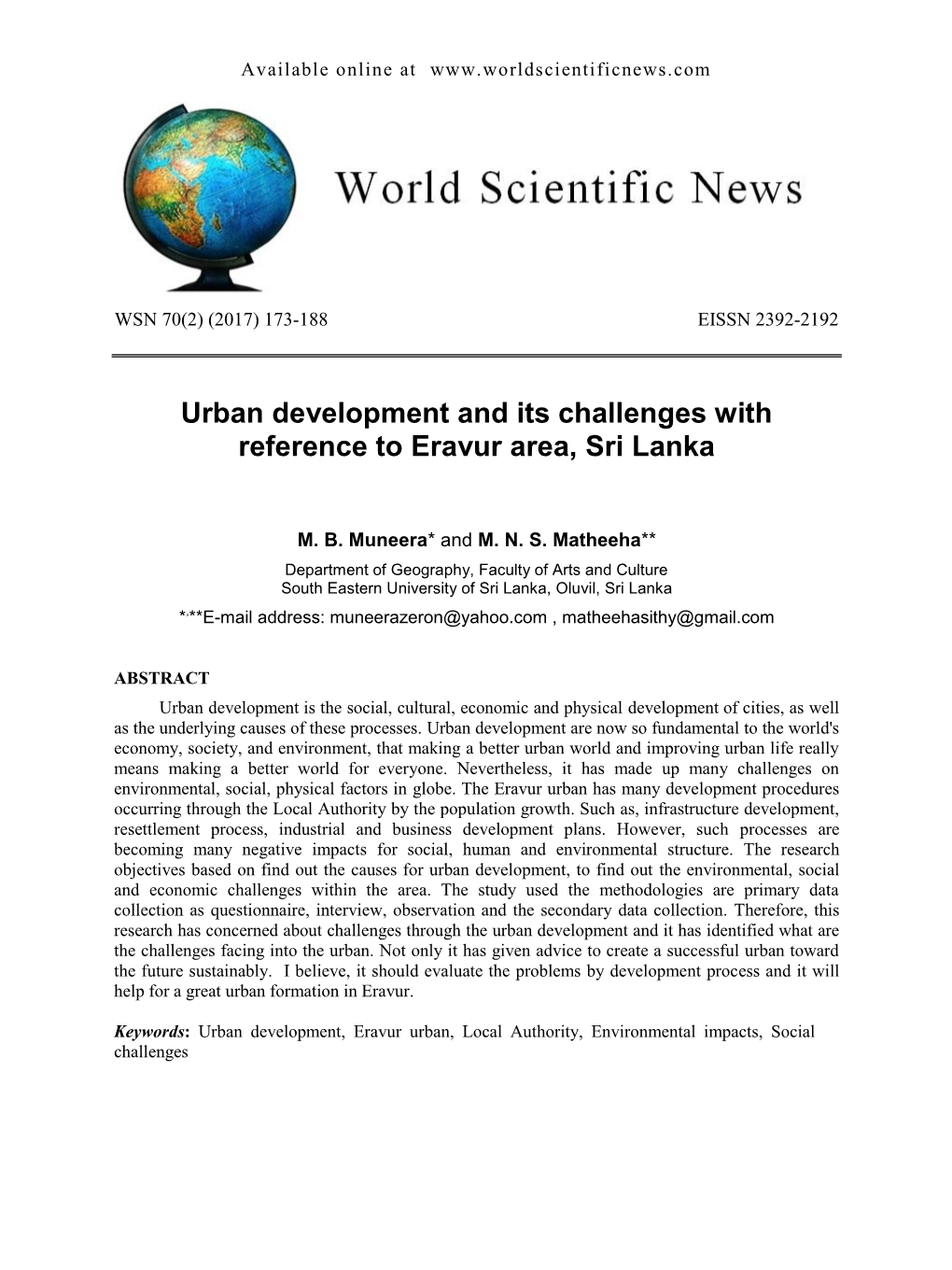 Urban Development and Its Challenges with Reference to Eravur Area, Sri Lanka