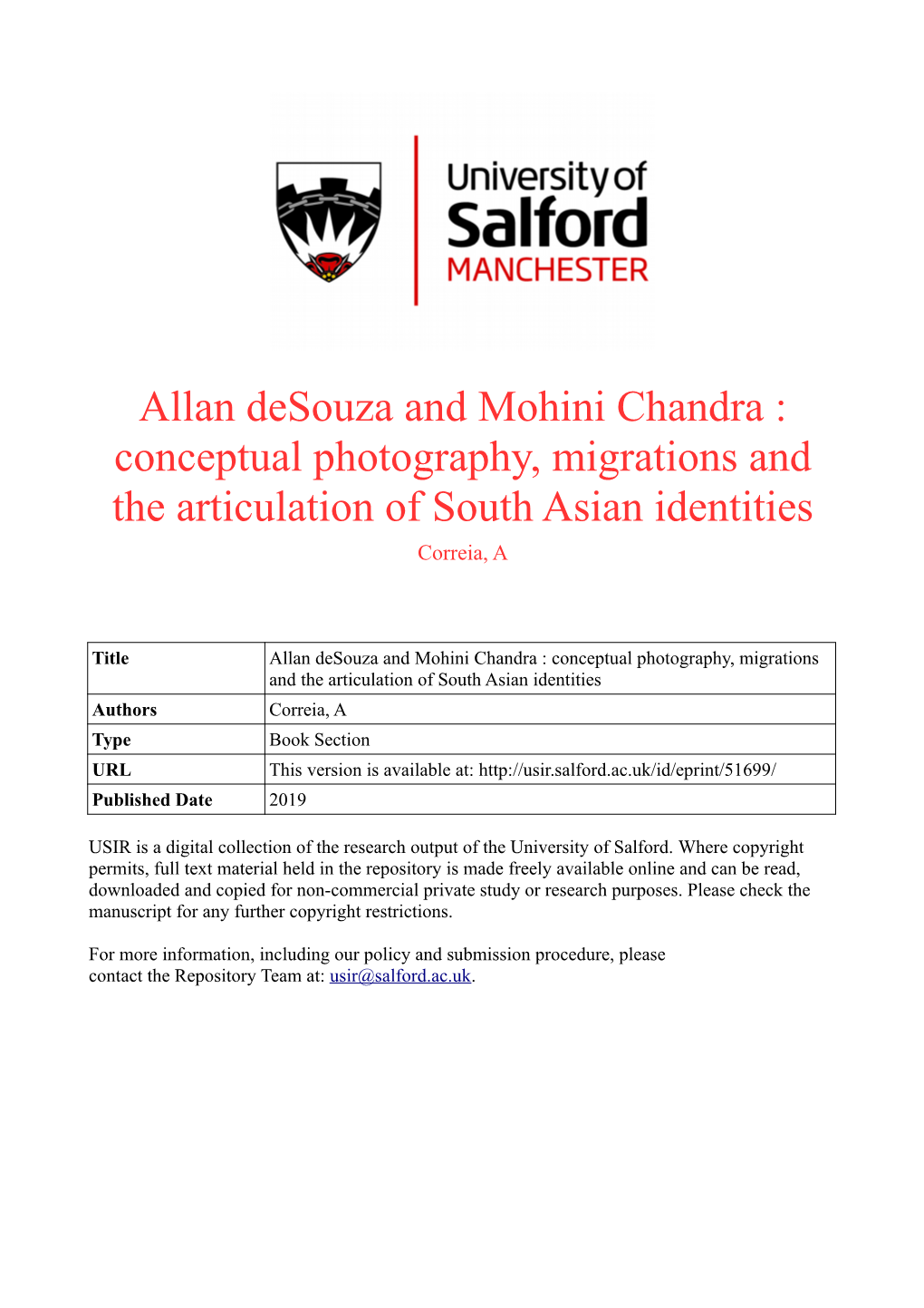 Allan Desouza and Mohini Chandra : Conceptual Photography, Migrations and the Articulation of South Asian Identities Correia, A