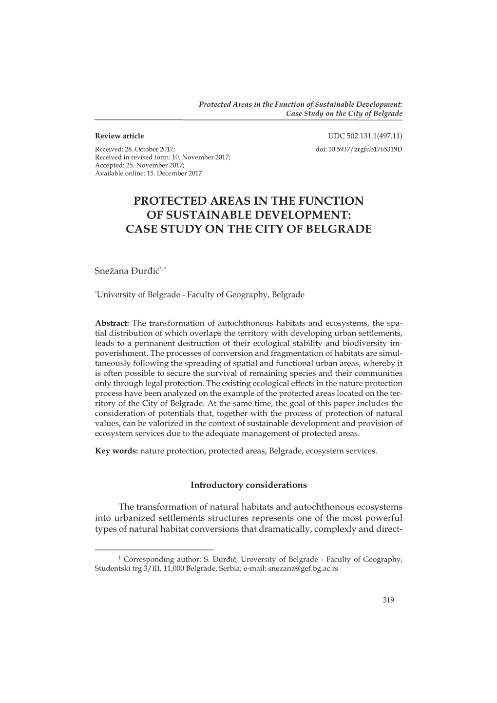 Protected Areas in the Function of Sustainable Development: Case Study on the City of Belgrade