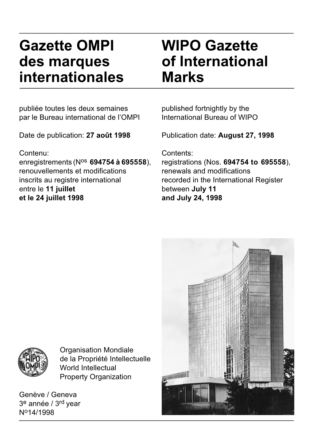 Gazette OMPI Des Marques Internationales No 14/1998 / WIPO Gazette of International Marks No