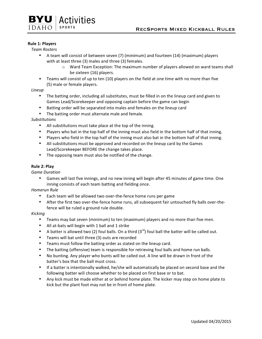 Recsports Mixed Kickball Rules