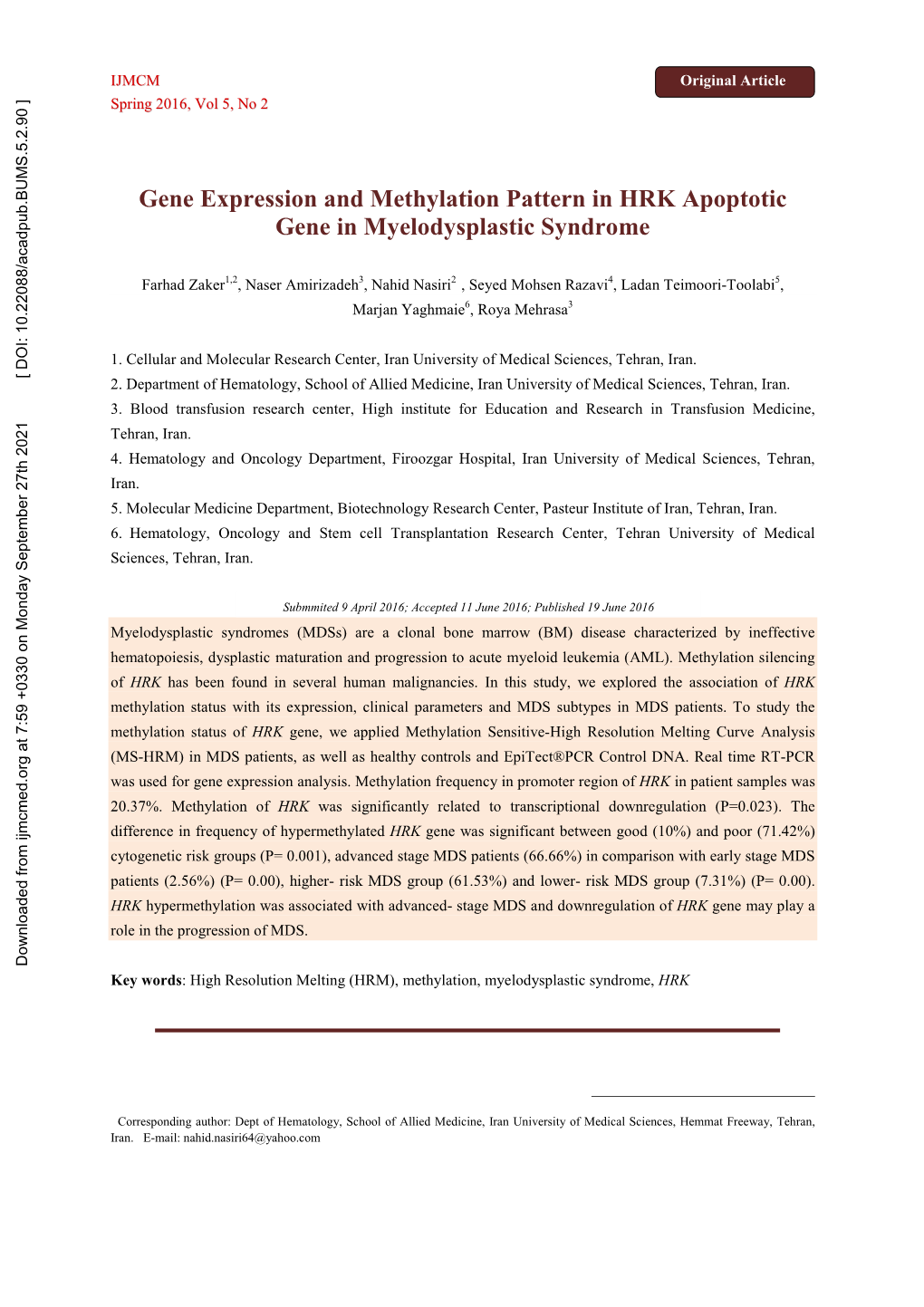 Gene Expression and Methylation Pattern in HRK Apoptotic Gene in Myelodysplastic Syndrome