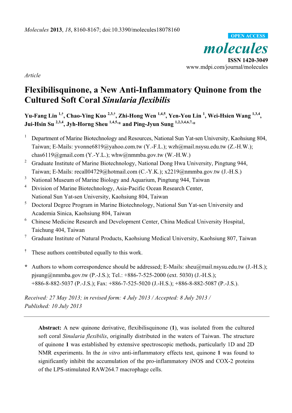 Flexibilisquinone, a New Anti-Inflammatory Quinone from the Cultured Soft Coral Sinularia Flexibilis