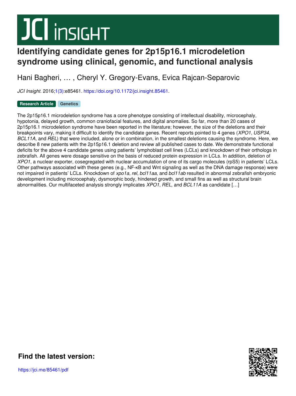 Identifying Candidate Genes for 2P15p16.1 Microdeletion Syndrome Using Clinical, Genomic, and Functional Analysis