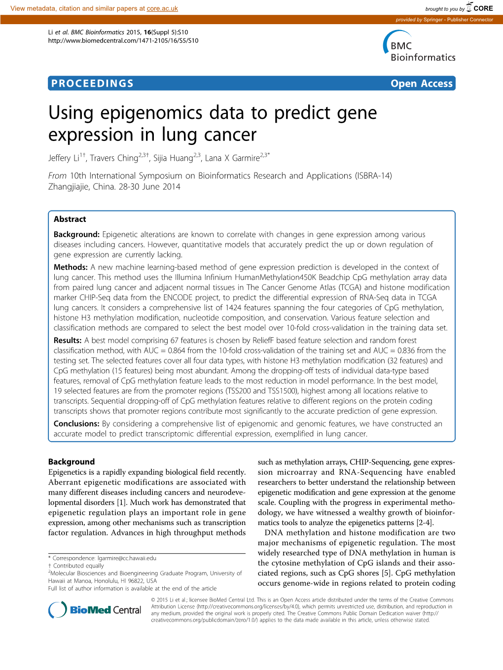 Using Epigenomics Data to Predict Gene Expression in Lung Cancer
