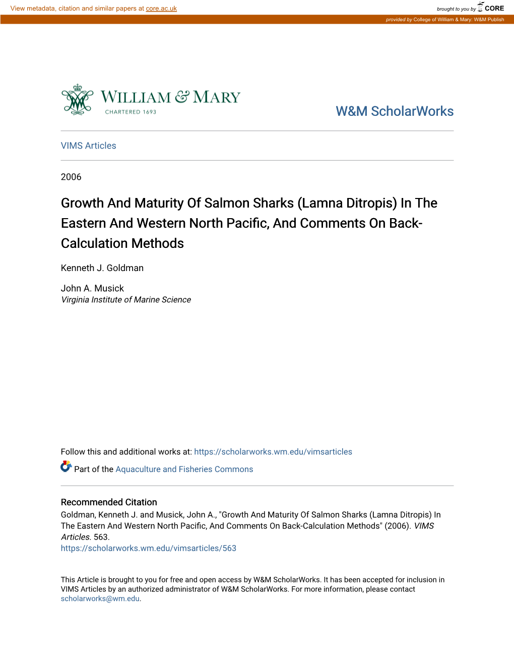 Lamna Ditropis) in the Eastern and Western North Pacific, and Comments on Back- Calculation Methods