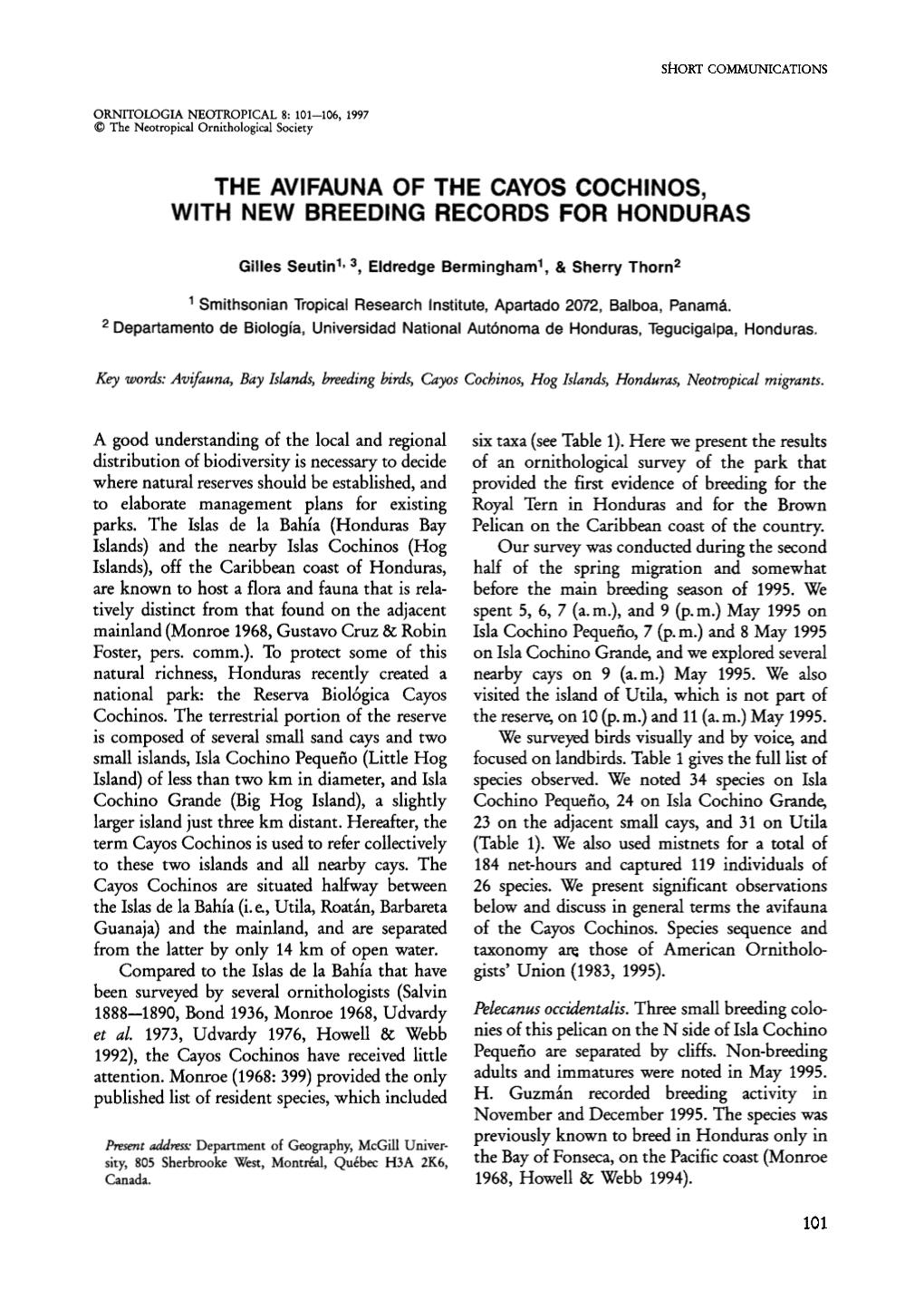 The Avifauna of the Cayos Cochinos, with New Breeding Records for Honduras