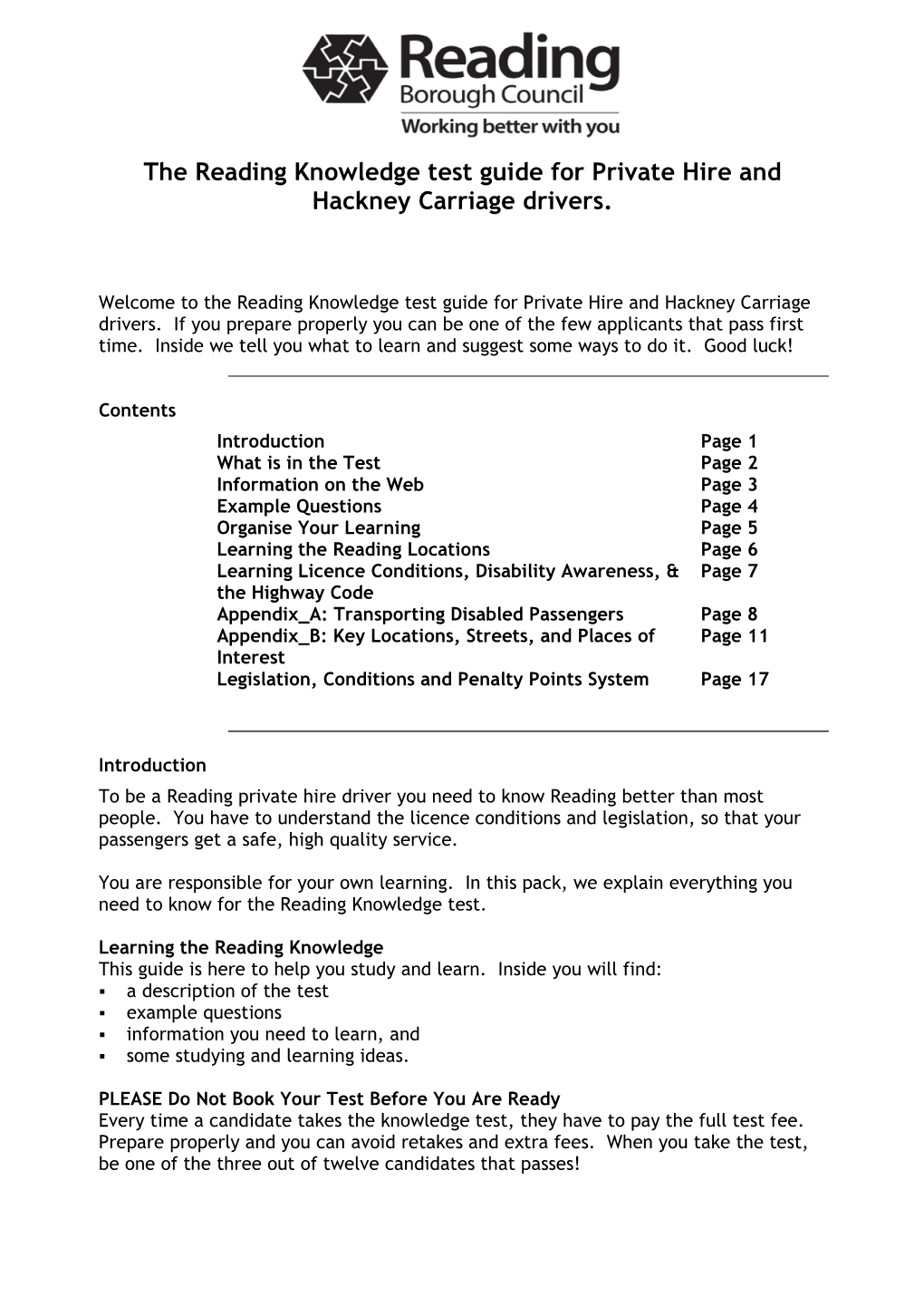 The Reading Knowledge Test Guide for Private Hire and Hackney Carriage Drivers