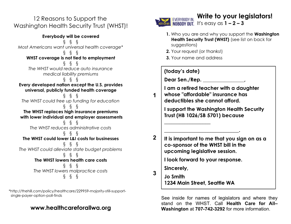 Write to Your Legislators! Washington Health Security Trust (WHST)! It's Easy As 1 – 2 – 3 1