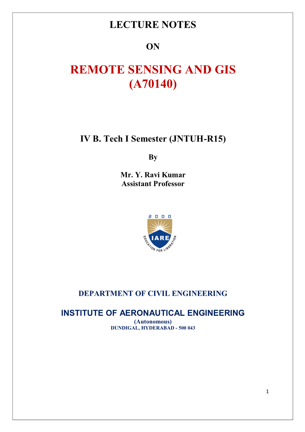 Remote Sensing and Gis (A70140)