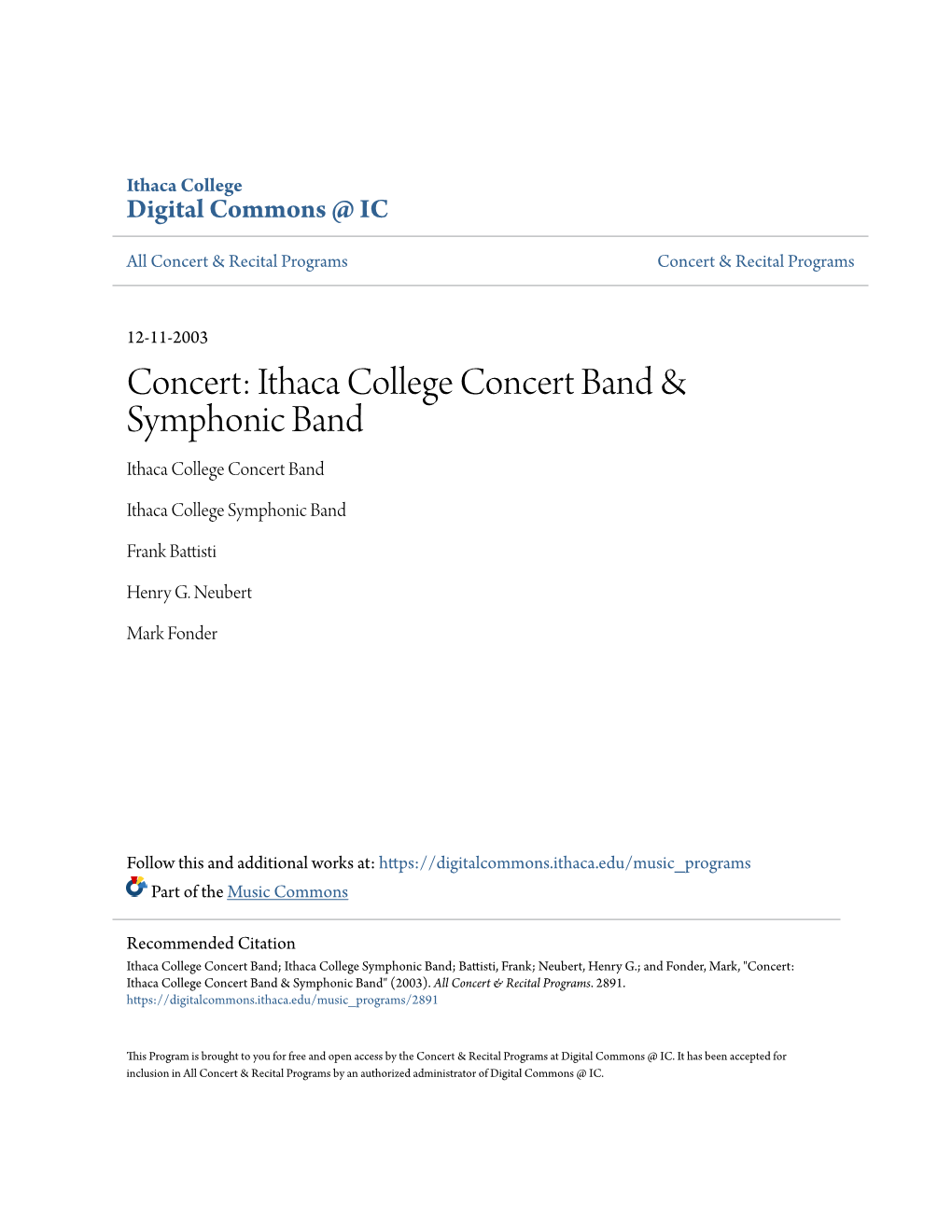 Ithaca College Concert Band & Symphonic Band