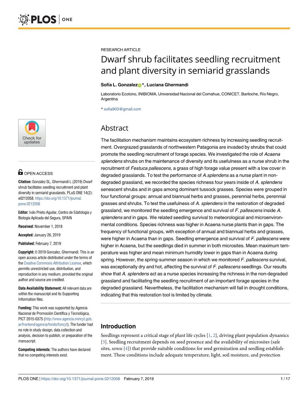 Dwarf Shrub Facilitates Seedling Recruitment and Plant Diversity in Semiarid Grasslands