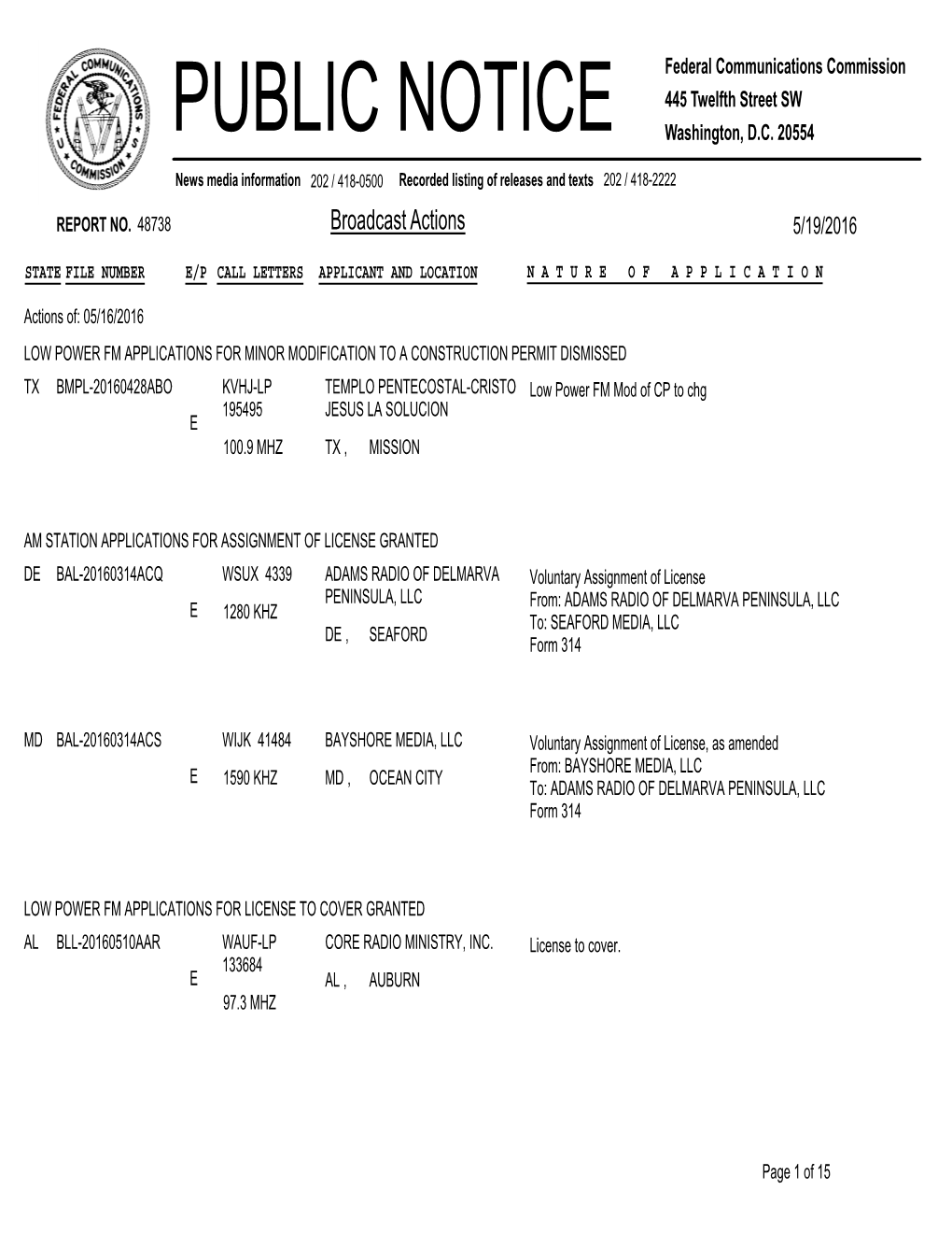 Broadcast Actions 5/19/2016