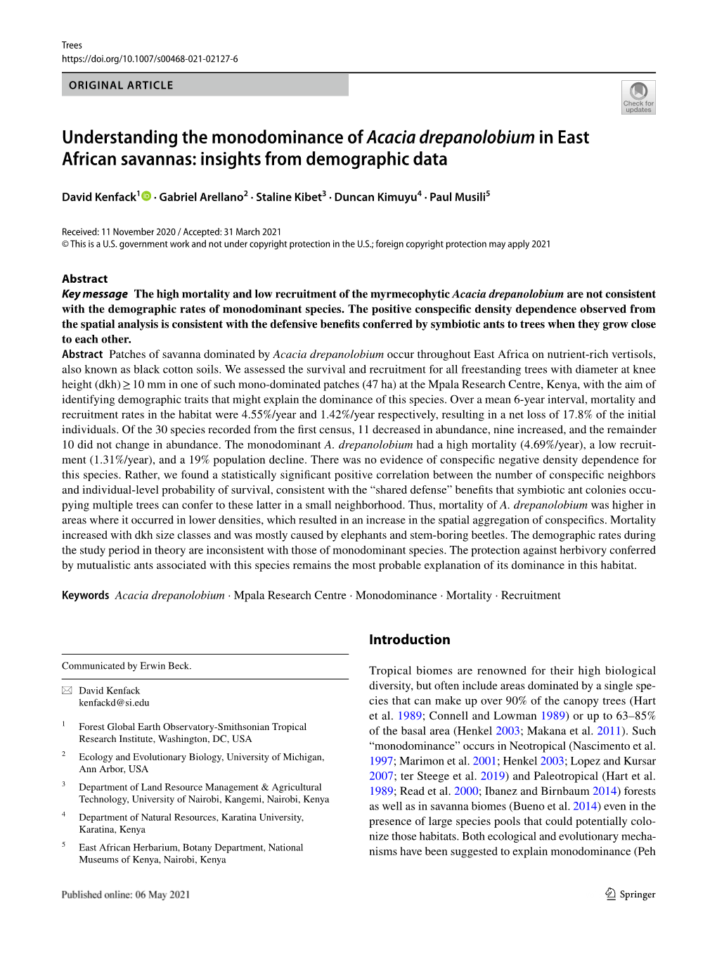 Understanding the Monodominance of Acacia Drepanolobium in East African Savannas: Insights from Demographic Data