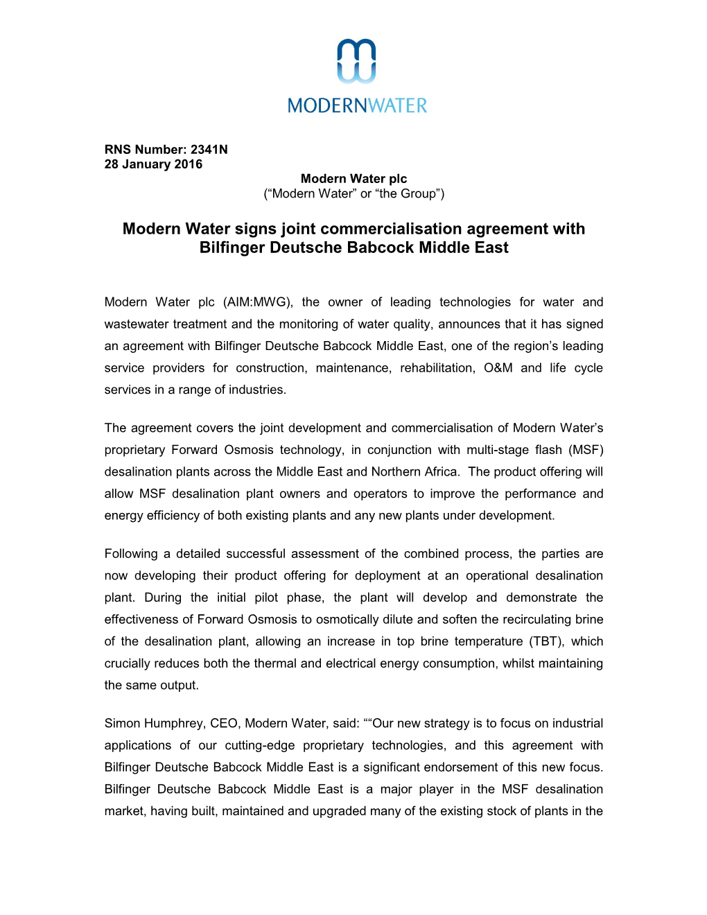 Modern Water Signs Joint Commercialisation Agreement with Bilfinger Deutsche Babcock Middle East