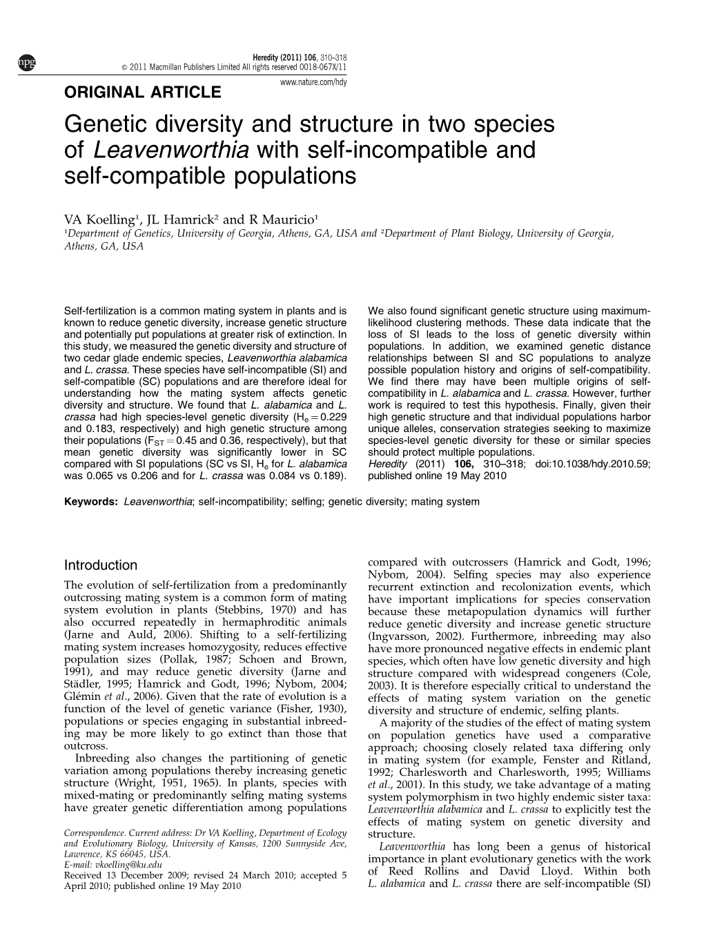 Genetic Diversity and Structure in Two Species of Leavenworthia with Self-Incompatible and Self-Compatible Populations