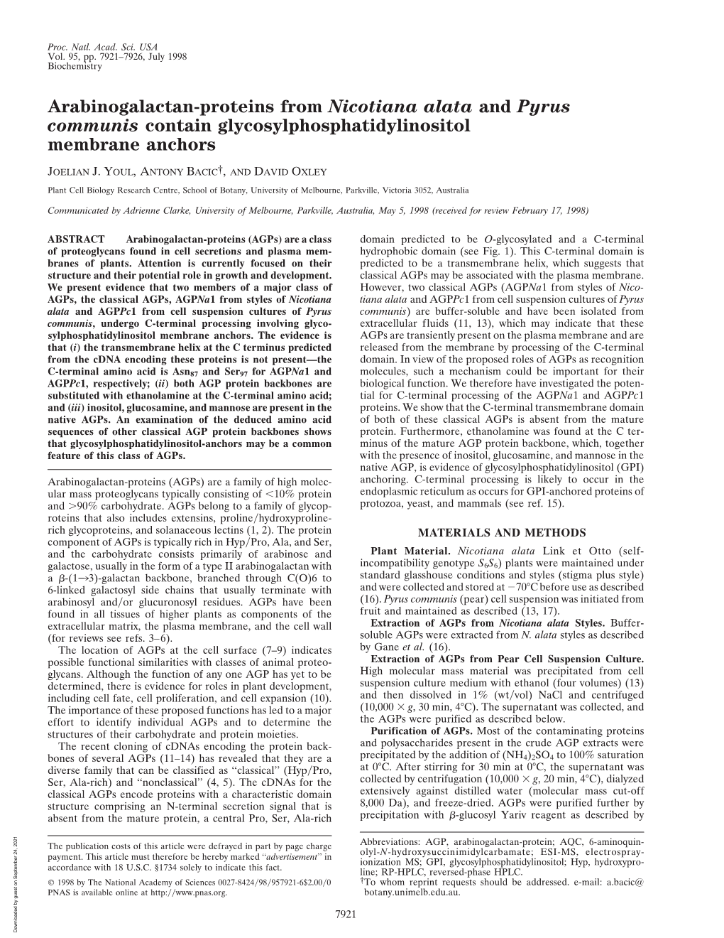 Arabinogalactan-Proteins from Nicotiana Alata and Pyrus Communis Contain Glycosylphosphatidylinositol Membrane Anchors