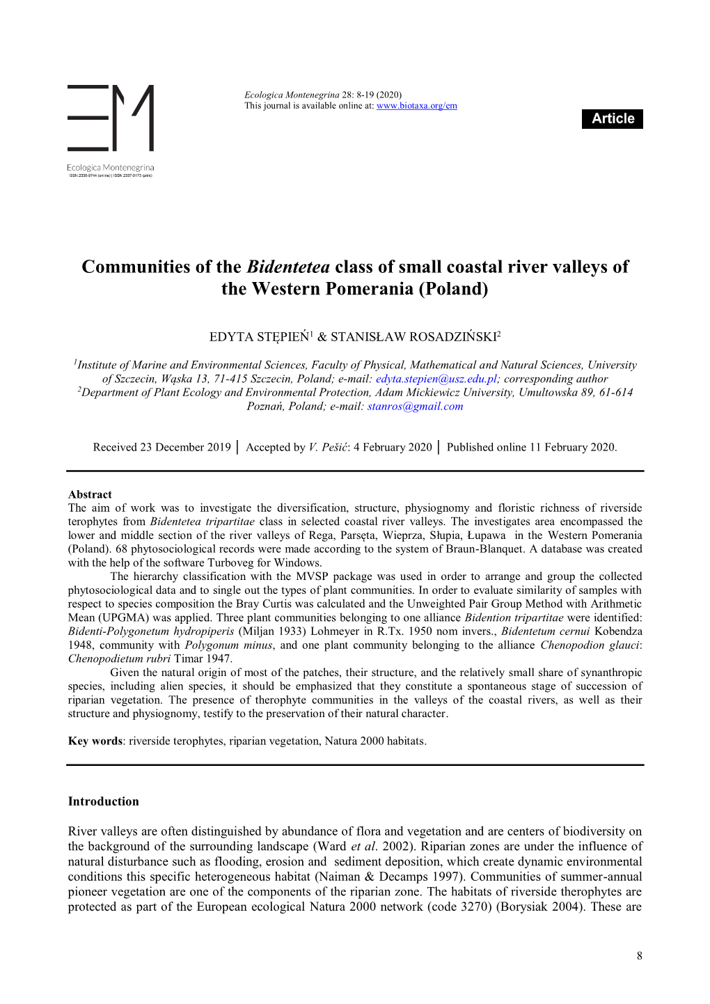 Communities of the Bidentetea Class of Small Coastal River Valleys of the Western Pomerania (Poland)