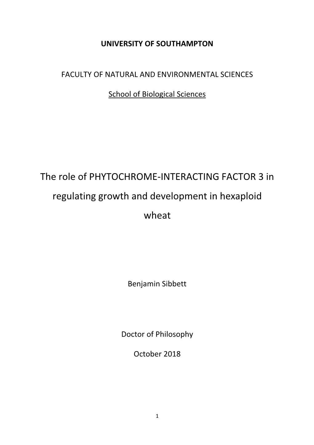 The Role of PHYTOCHROME-INTERACTING FACTOR 3 in Regulating Growth and Development in Hexaploid Wheat