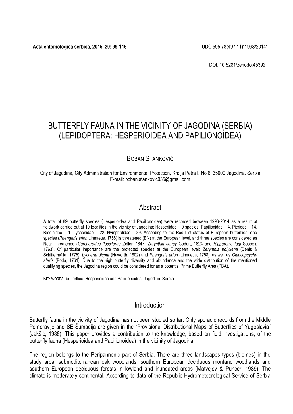 Butterfly Fauna in the Vicinity of Jagodina (Serbia) (Lepidoptera: Hesperioidea and Papilionoidea)