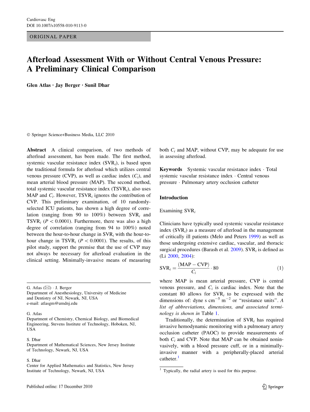 Afterload Assessment with Or Without Central Venous Pressure: a Preliminary Clinical Comparison