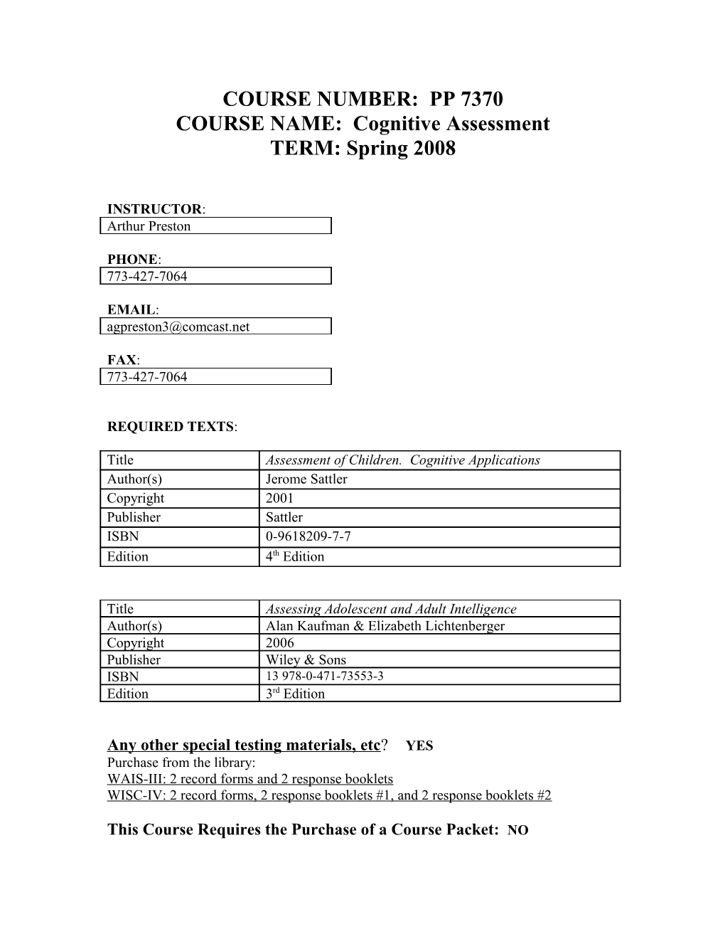 COURSE NAME: Cognitive Assessment