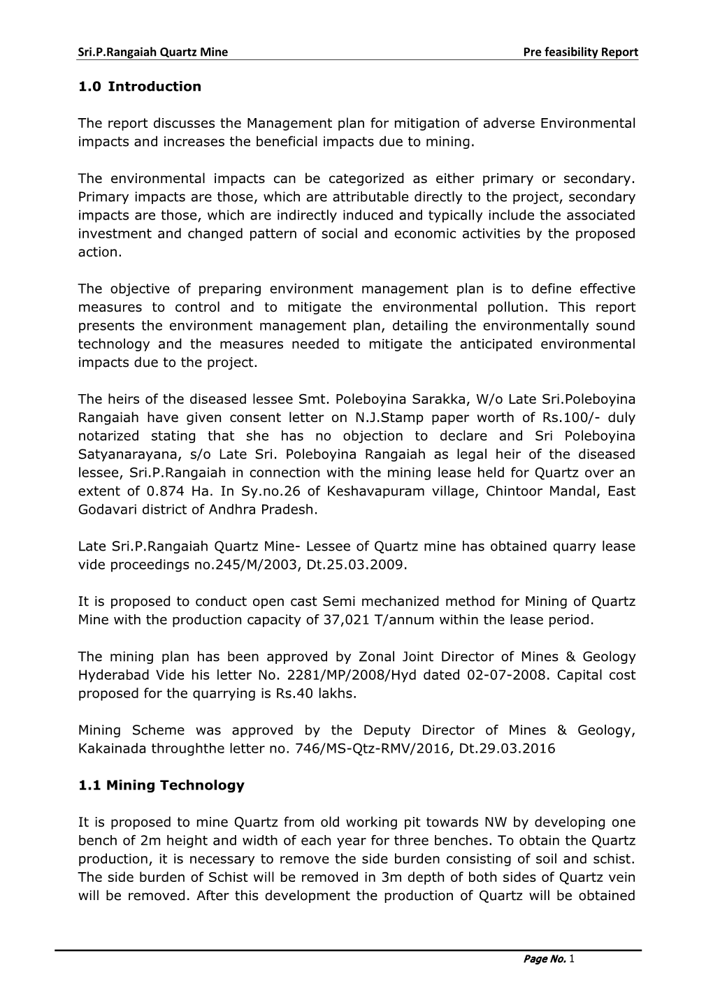 Sri.P.Rangaiah Quartz Mine Pre Feasibility Report 1.0 Introduction