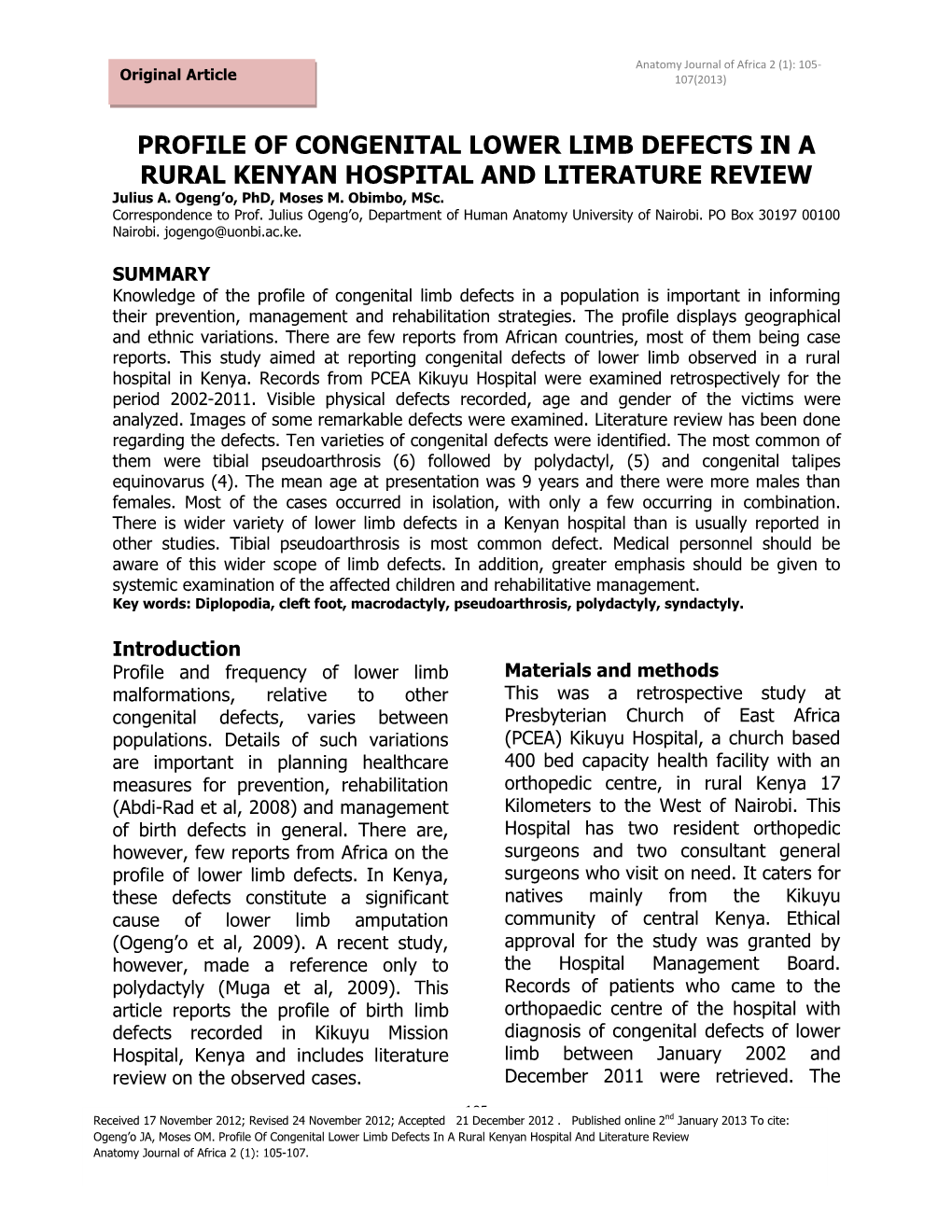PROFILE of CONGENITAL LOWER LIMB DEFECTS in a RURAL KENYAN HOSPITAL and LITERATURE REVIEW Julius A