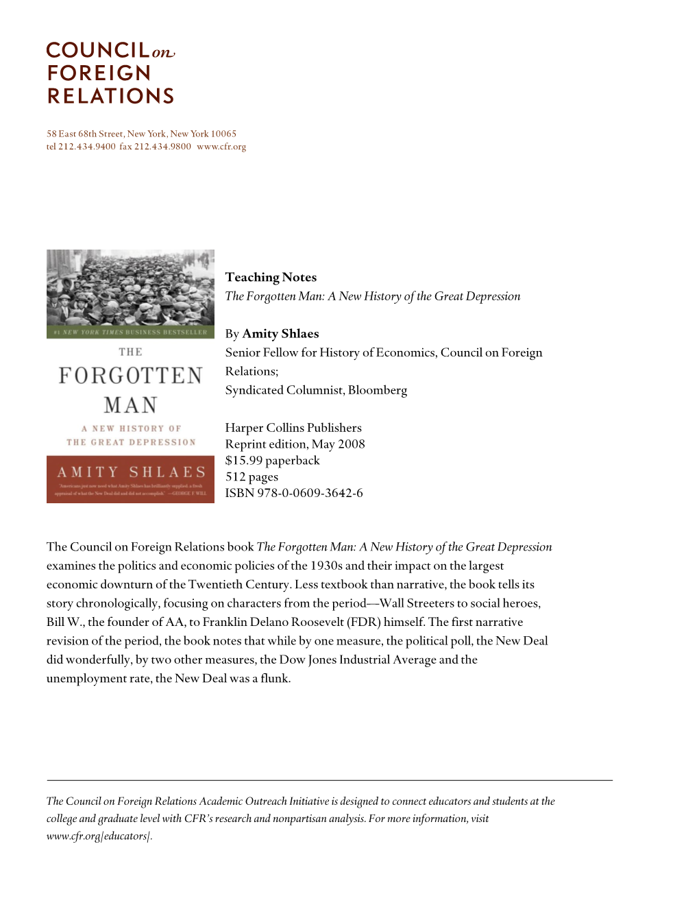 Teaching Notes the Forgotten Man: a New History of the Great Depression