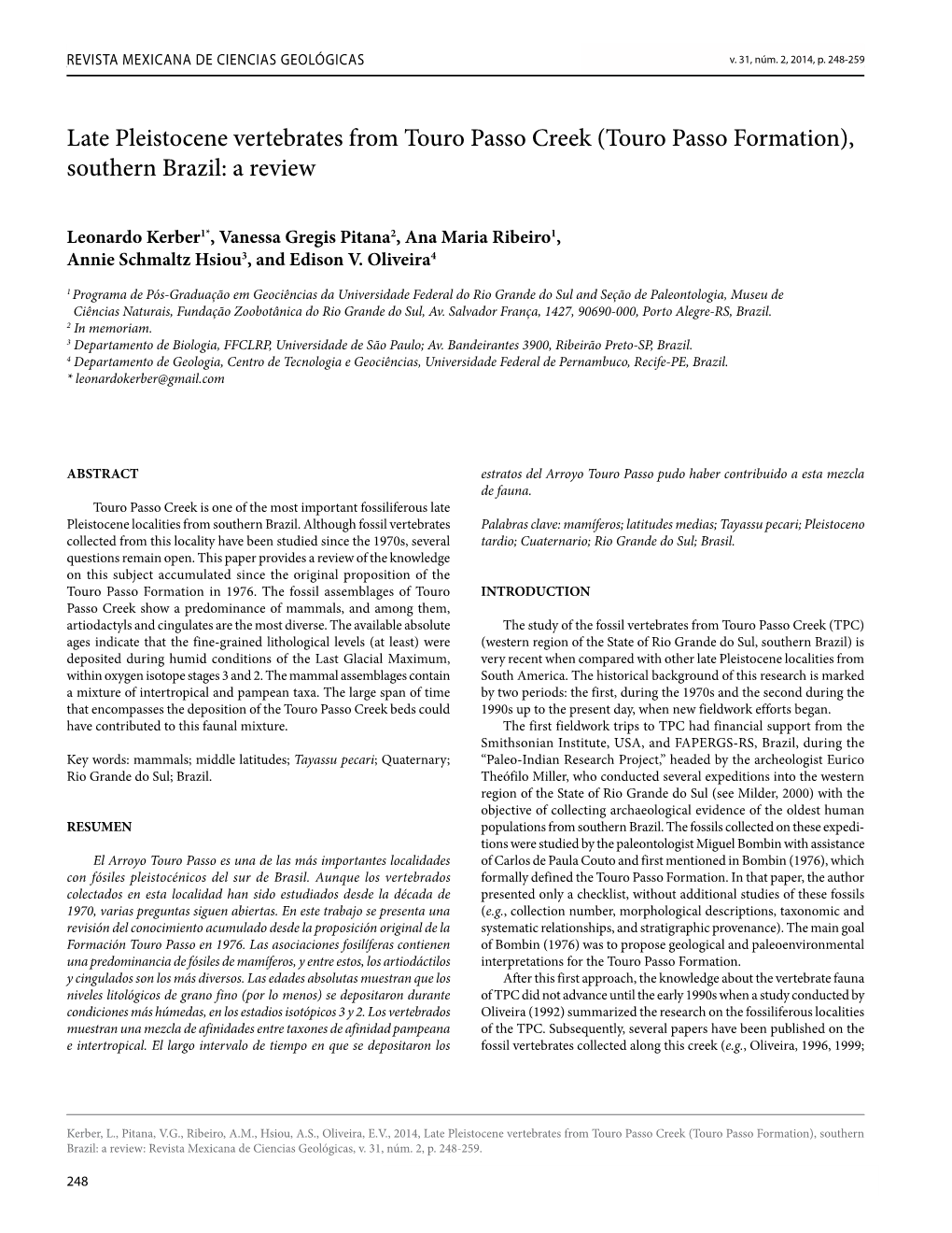 Late Pleistocene Vertebrates from Touro Passo Creek (Touro Passo Formation), Southern Brazil: a Review