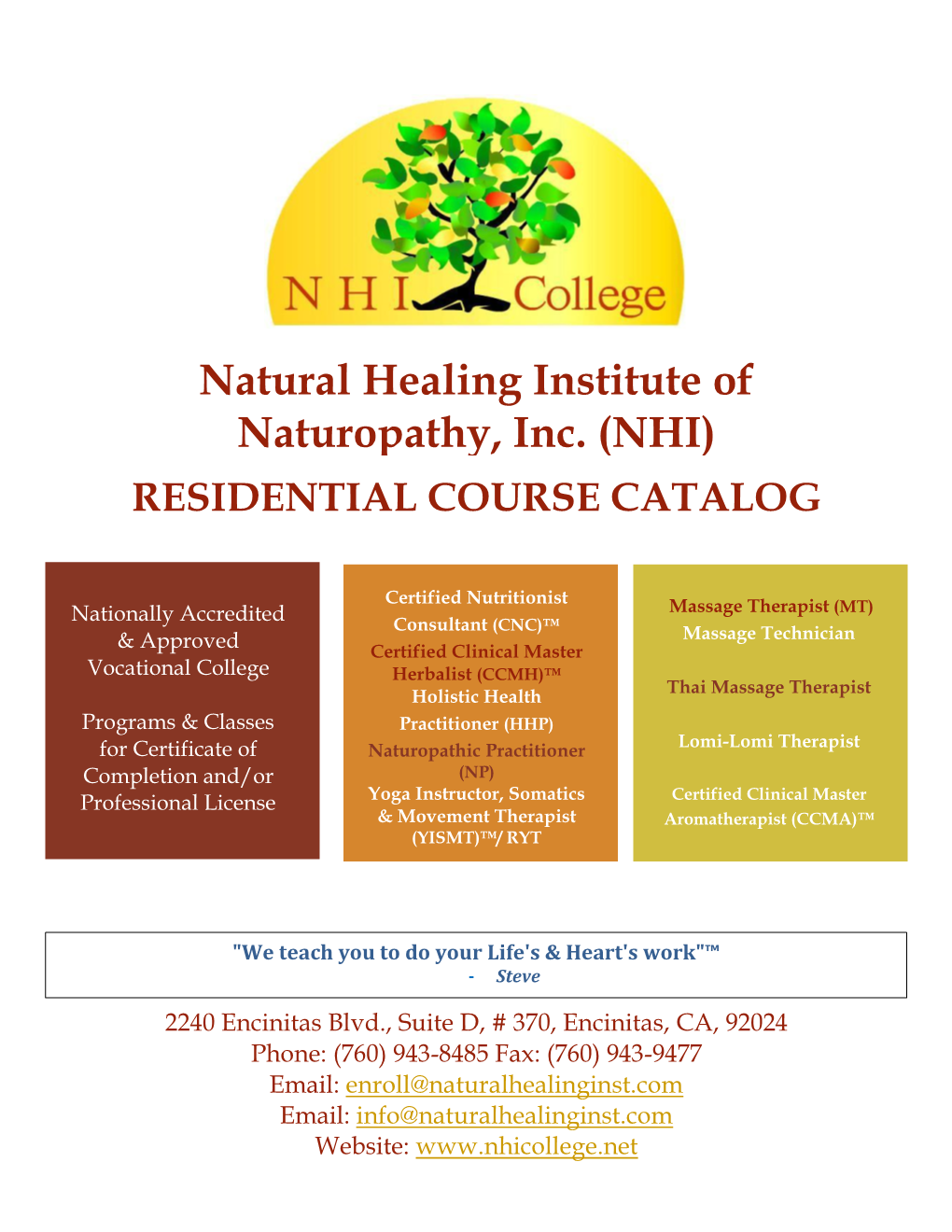 Natural Healing Institute of Naturopathy, Inc. (NHI) RESIDENTIAL COURSE CATALOG