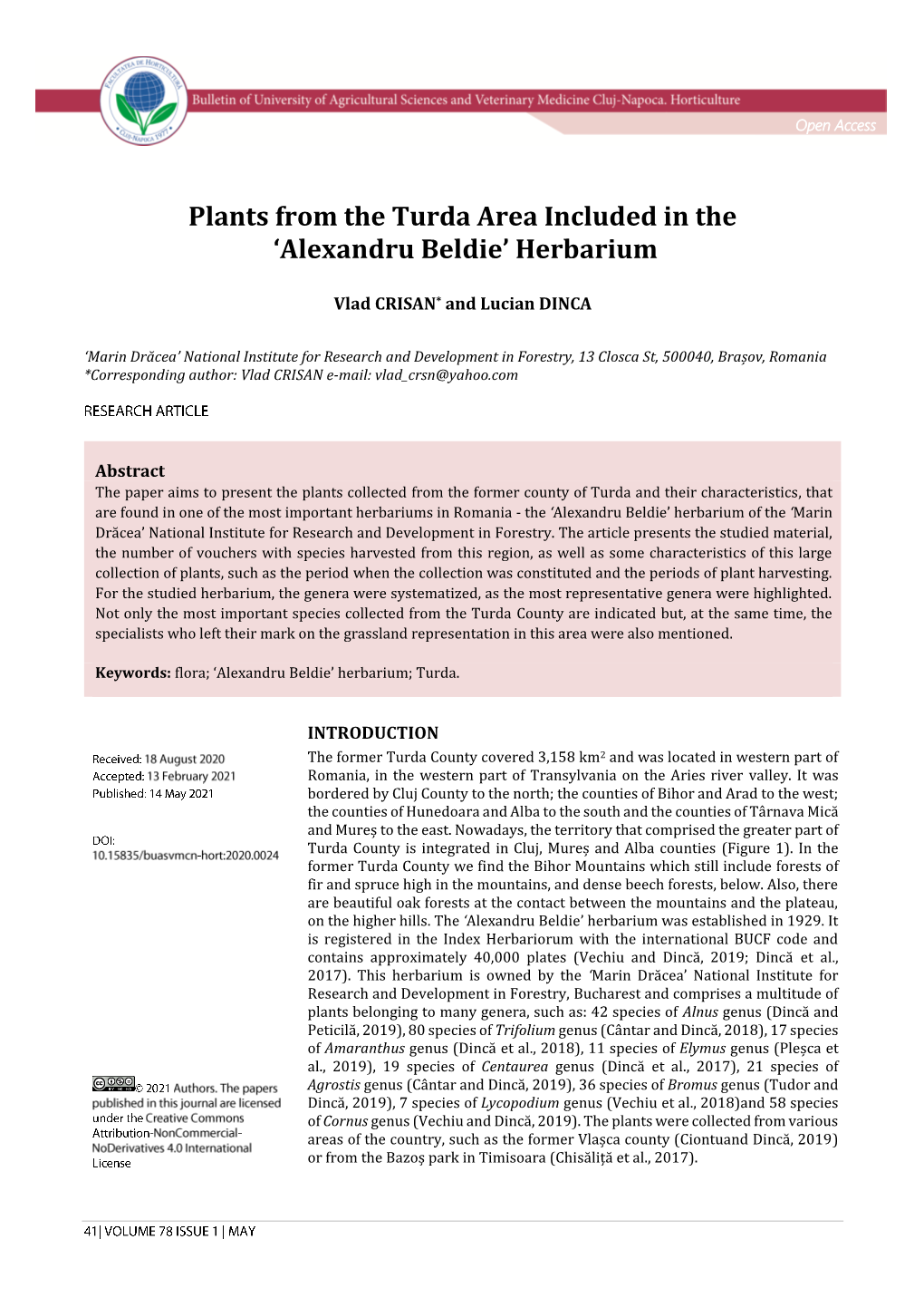 Plants from the Turda Area Included in the 'Alexandru Beldie' Herbarium