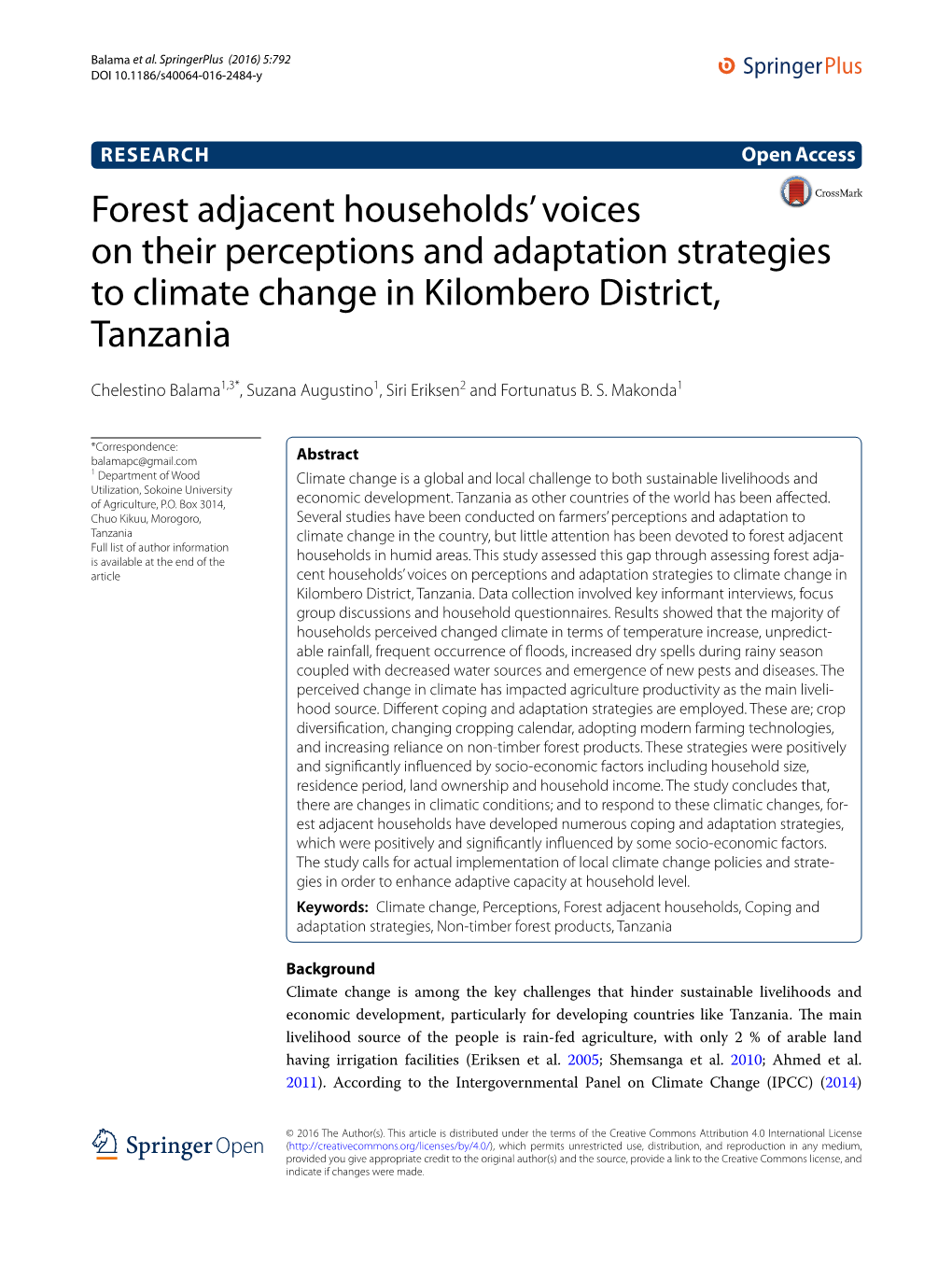 Forest Adjacent Households' Voices on Their Perceptions and Adaptation