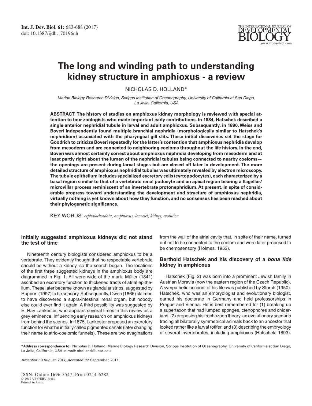 The Long and Winding Path to Understanding Kidney Structure in Amphioxus - a Review NICHOLAS D