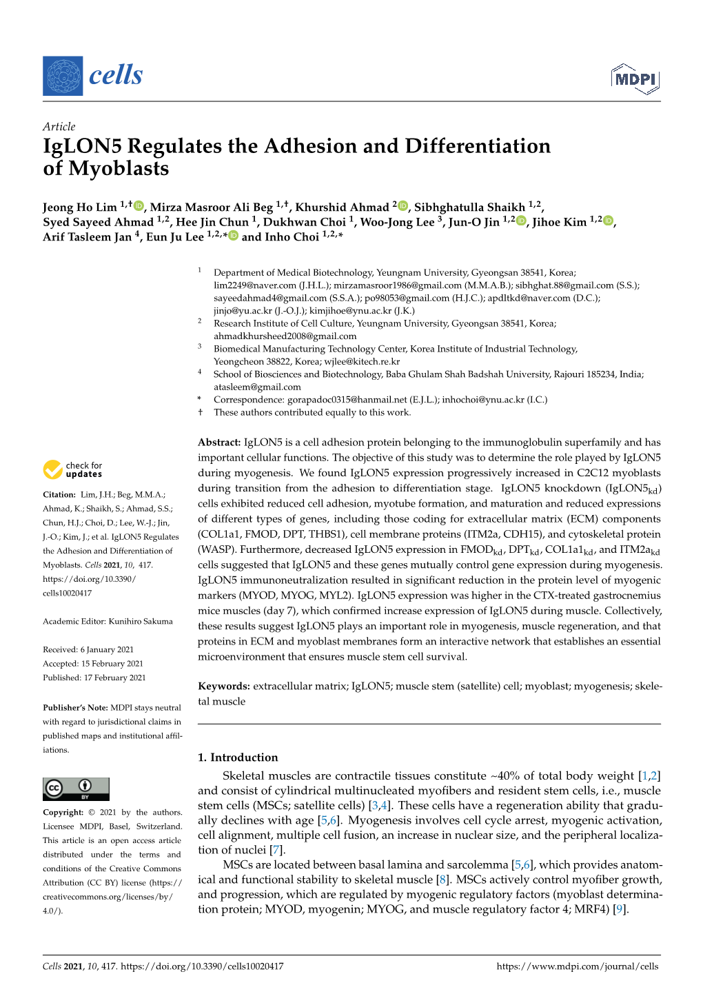 Iglon5 Regulates the Adhesion and Differentiation of Myoblasts