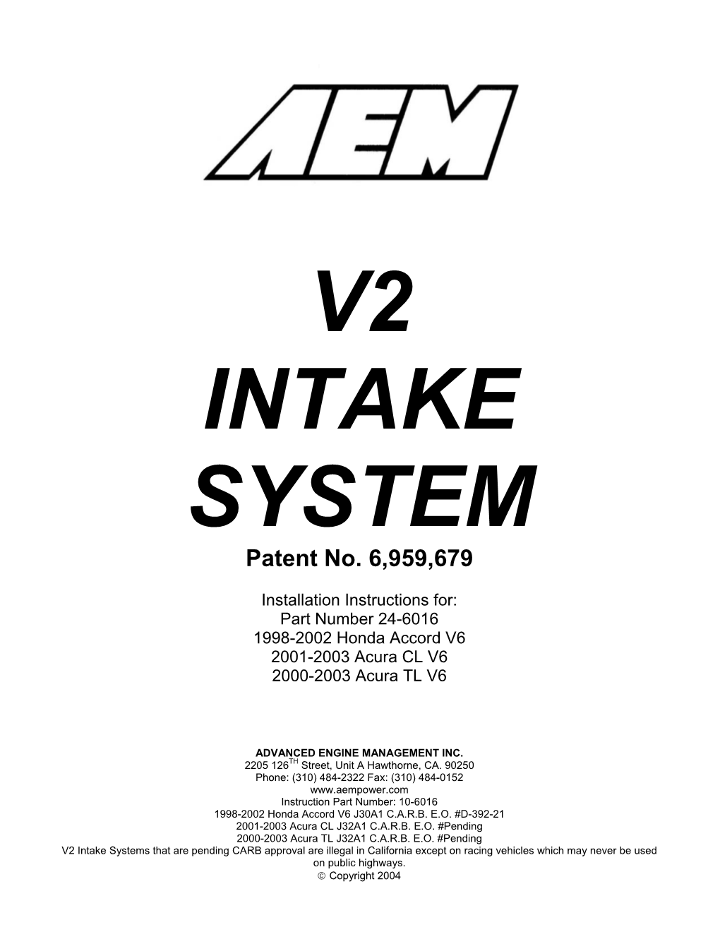 AEM 24-6016C Air Intake Kit Installation Instructions