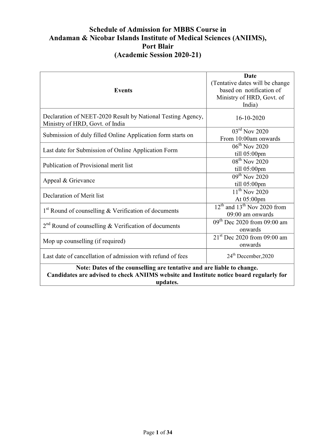 ANIIMS), Port Blair (Academic Session 2020-21)