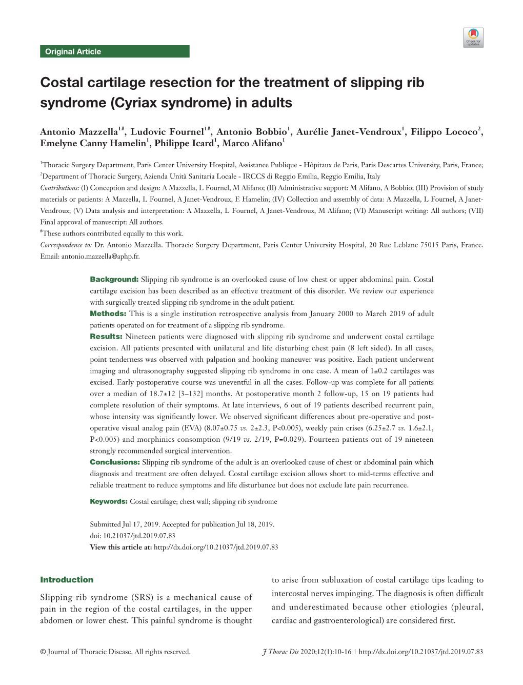 Costal Cartilage Resection for the Treatment of Slipping Rib Syndrome (Cyriax Syndrome) in Adults