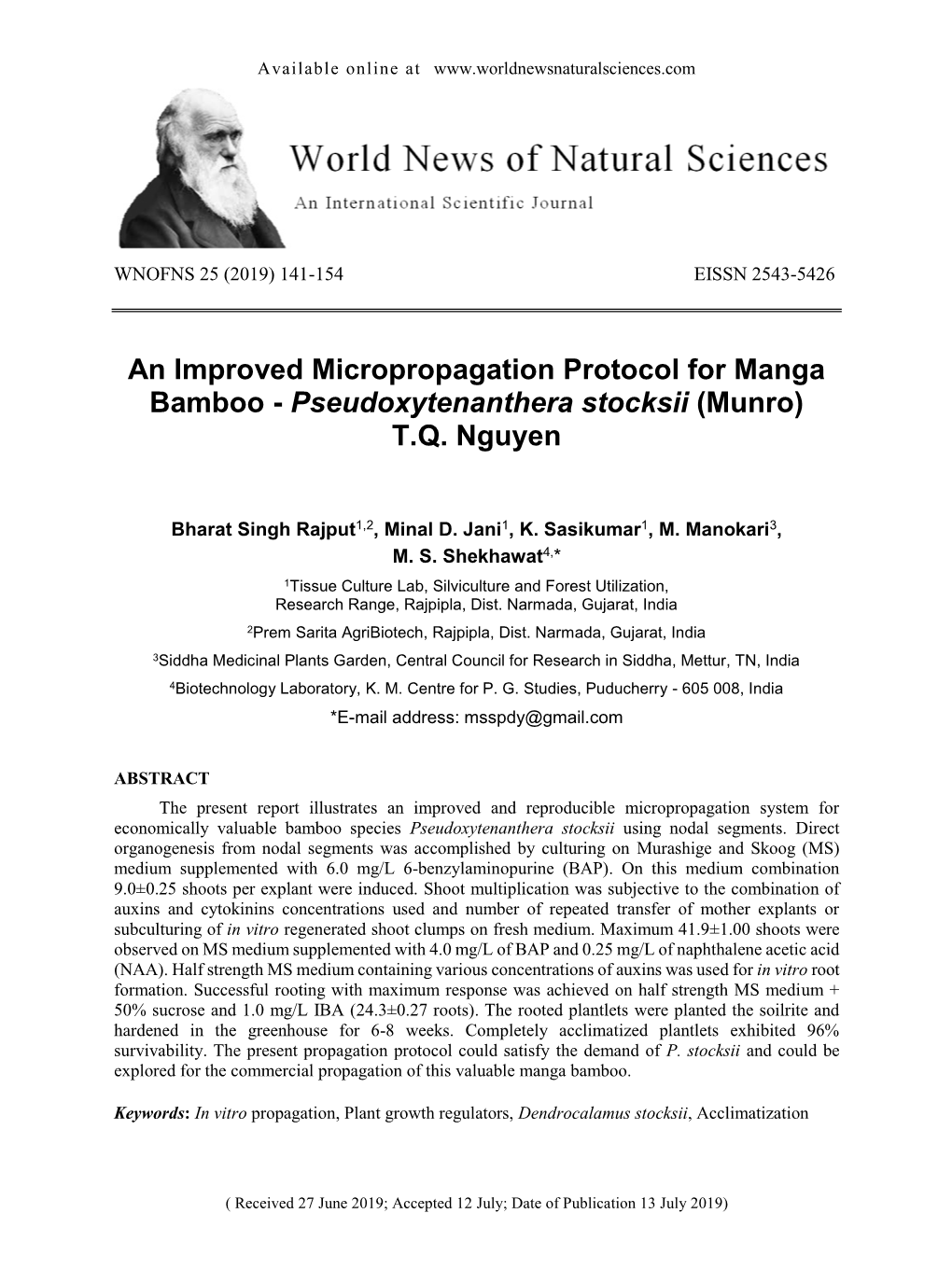 An Improved Micropropagation Protocol for Manga Bamboo - Pseudoxytenanthera Stocksii (Munro) T.Q