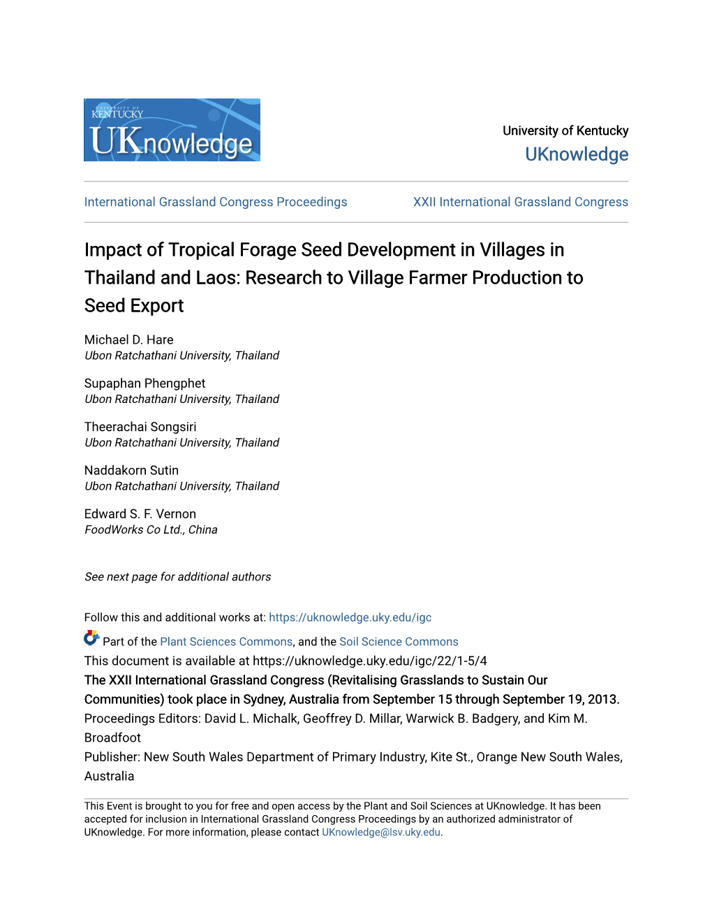 Impact of Tropical Forage Seed Development in Villages in Thailand and Laos: Research to Village Farmer Production to Seed Export