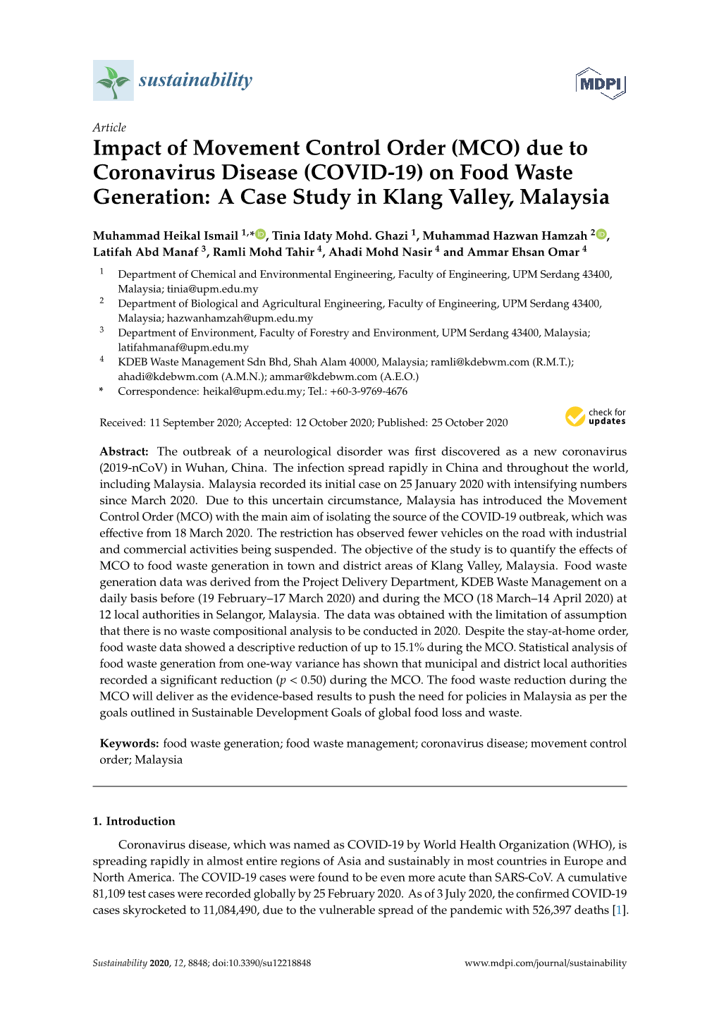 On Food Waste Generation: a Case Study in Klang Valley, Malaysia