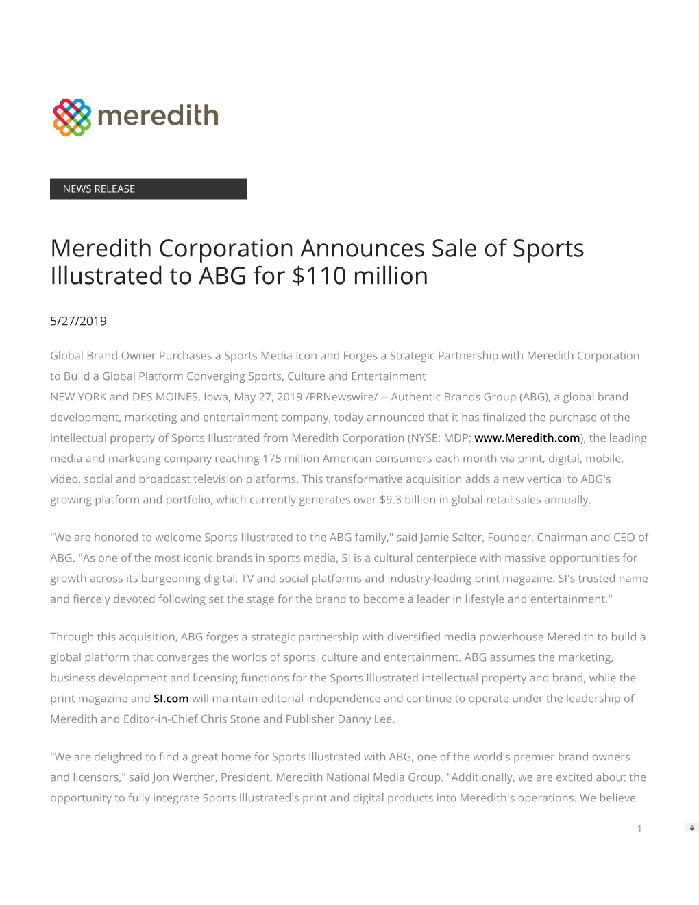 Meredith Corporation Announces Sale of Sports Illustrated to ABG for $110 Million