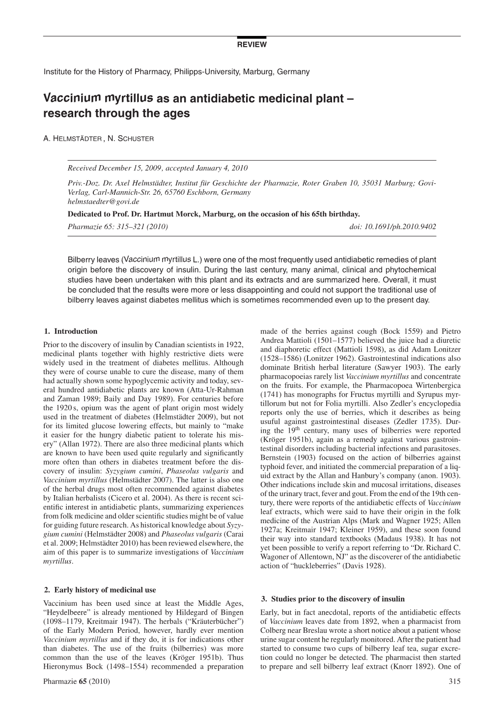 Vaccinium Myrtillus As an Antidiabetic Medicinal Plant – Research Through the Ages